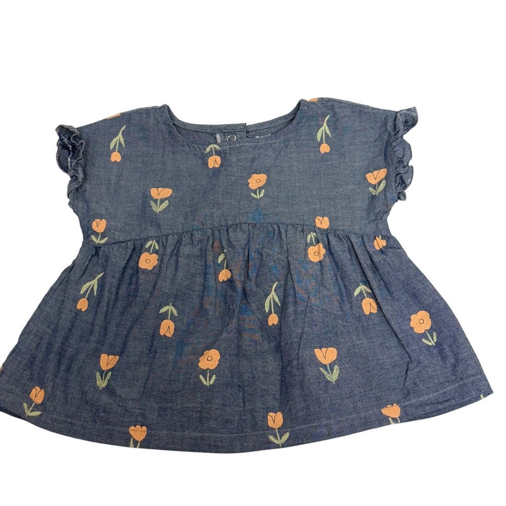 Carters Child of Mine Baby‎ Girls 12M Blue Floral Chambray Ruffle Tunic Top